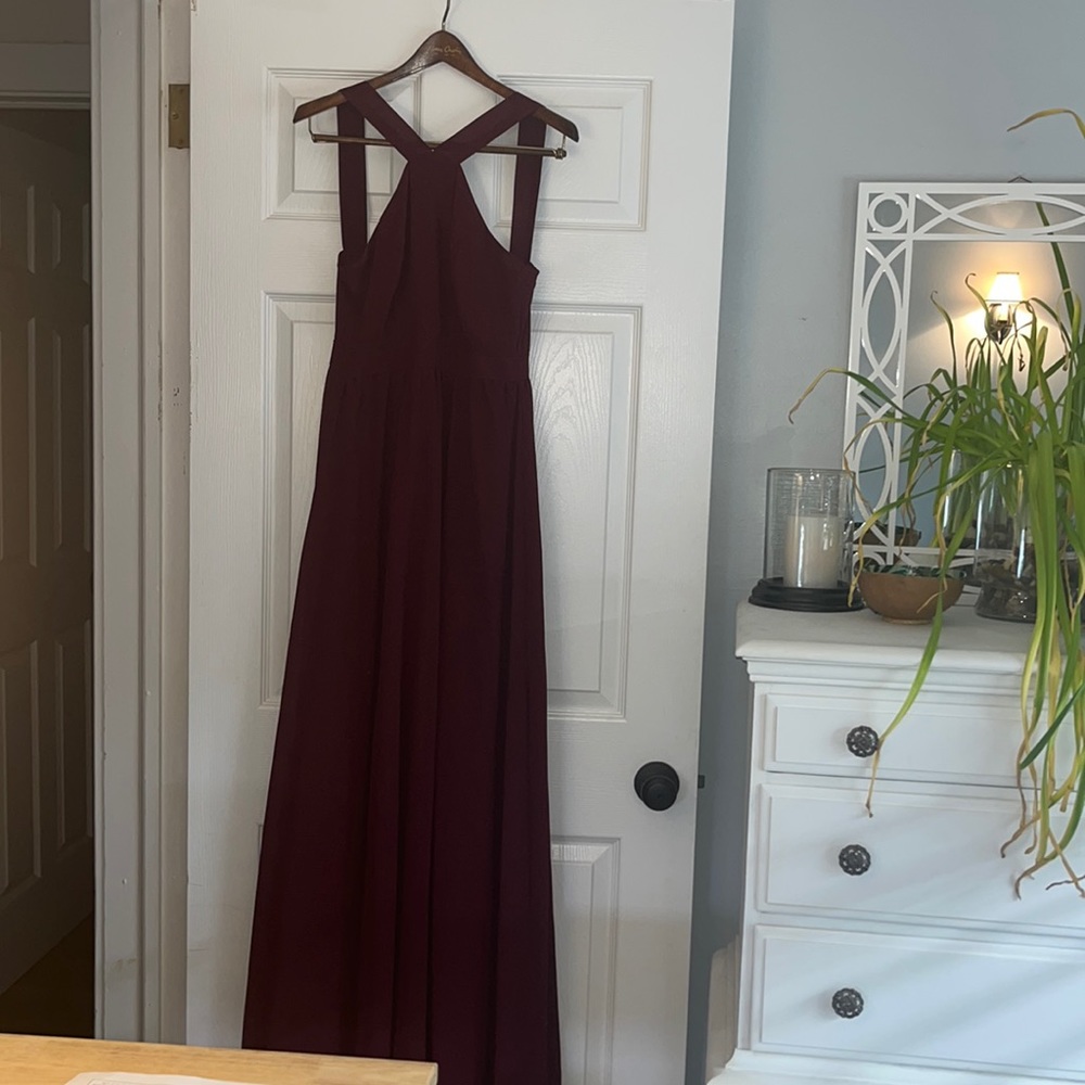 Raspberry floor length crossed neckline dress